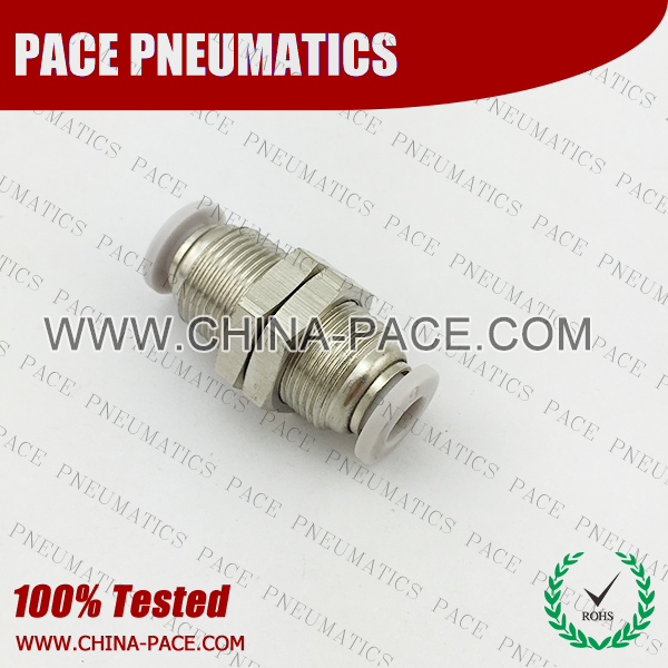 Grey White Composite Push In Fittings Bulkhead Union Straight, Polymer Air Fittings, Plastic one touch tube fittings, Pneumatic Fitting, Nickel Plated Brass Push in Fittings, push To Connect fittings, pneumatic accessories.
